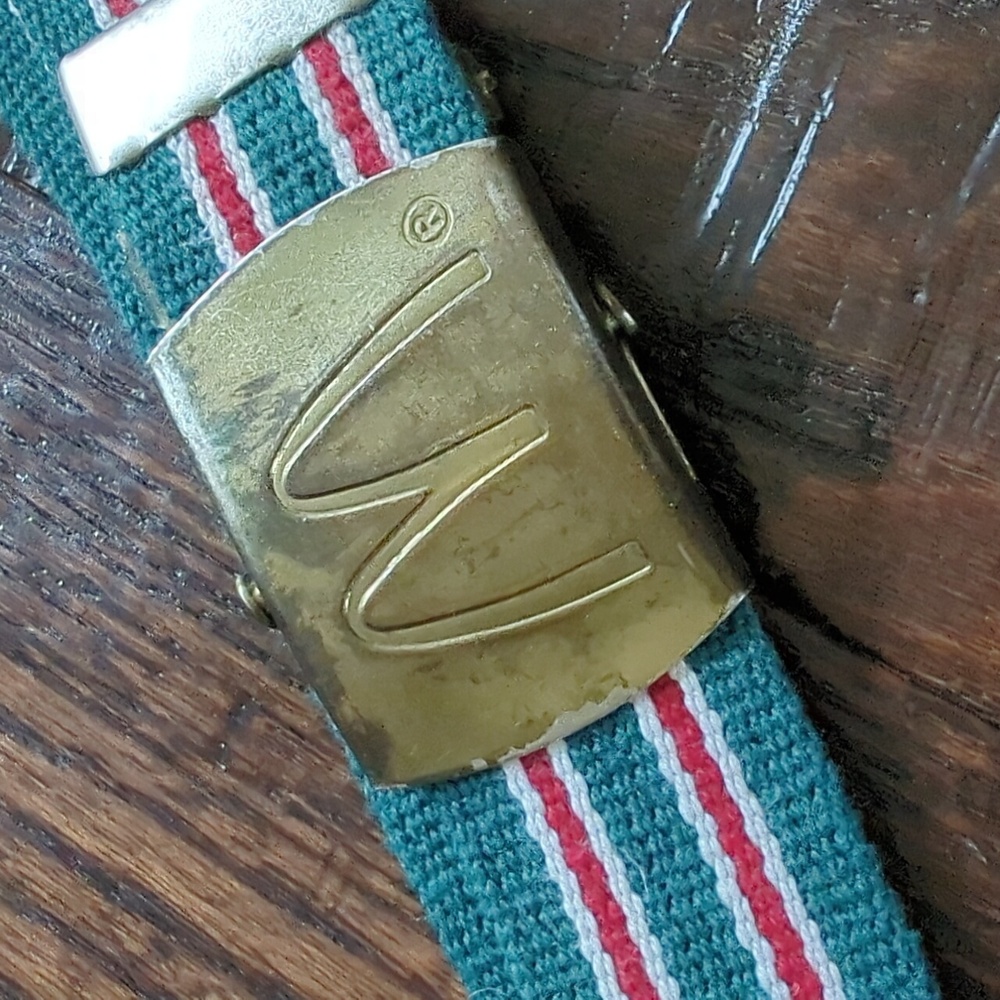 Vintage McDONALD'S Twill Green & Red Stripe Gold Buckle Employee Uniform Belt